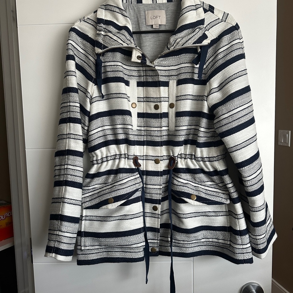 LOFT Women's Striped Jacket - Navy and White